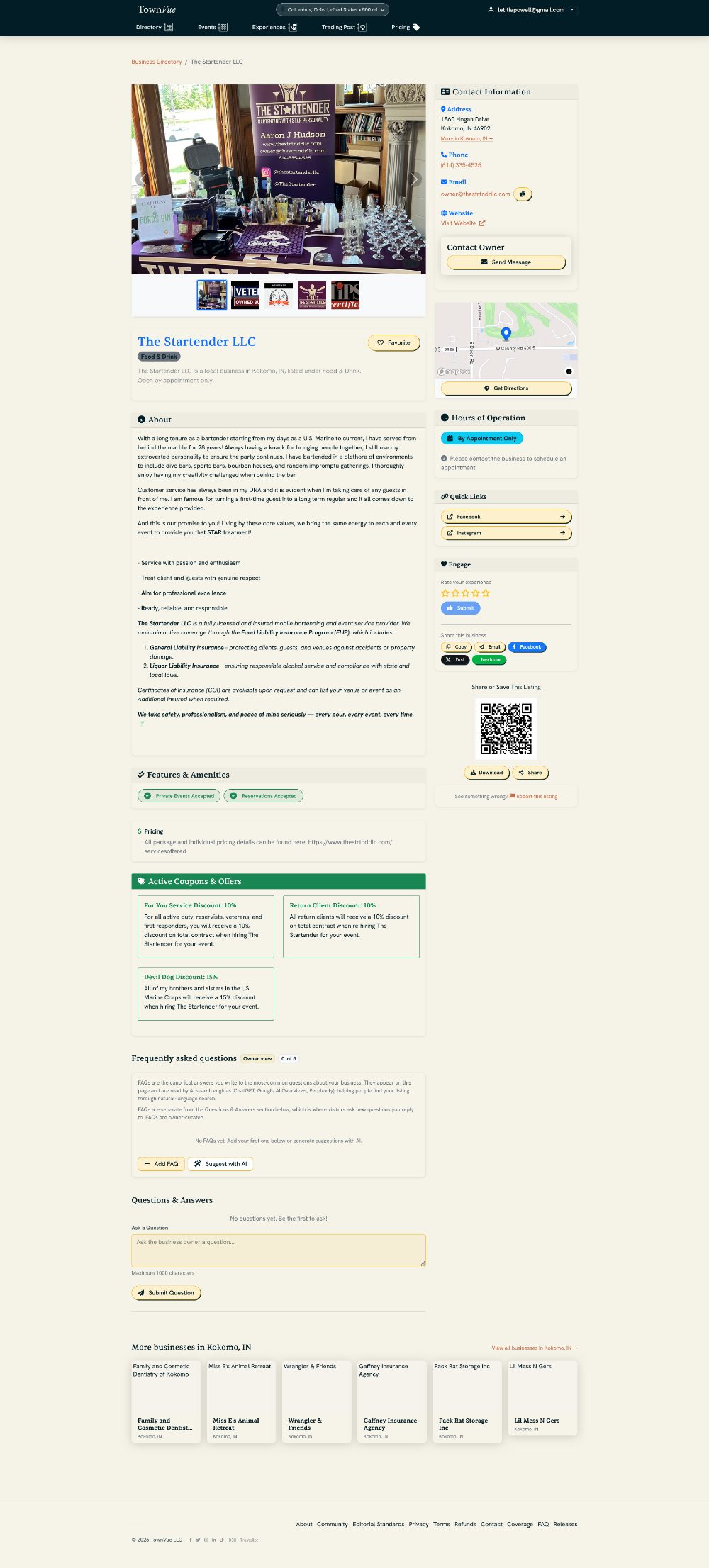 A full TownVue business listing for The Startender LLC, scrolling top to bottom